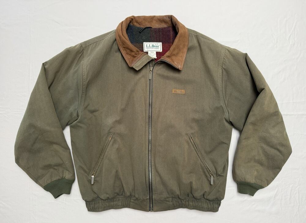 Vintage L.L. Bean Wool Lined Olive Green Canvas Bomber Jacket Men’s Large USA